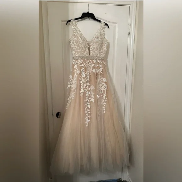 strapless open back dress Custom Lace Light Champagne Ruffled Wedding Dress Light Champagne main image 1